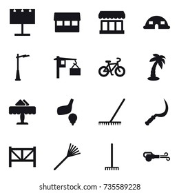 16 vector icon set : billboard, market, dome house, outdoor light, bike, palm, restaurant, golf, rake, sickle, farm fence, blower