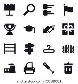 16 vector icon set : billboard, magnifier, diagram, flag, trophy, graduate hat, up down arrow, gift, signpost, hanger, fence, trash bin