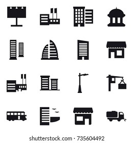 16 vector icon set : billboard, store, houses, goverment house, skyscrapers, skyscraper, shop, mall, district, outdoor light, bus, hotel, sweeper