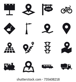 16 vector icon set : billboard, pointer, shop signboard, bike, under construction, outdoor light, train, map, sweeper