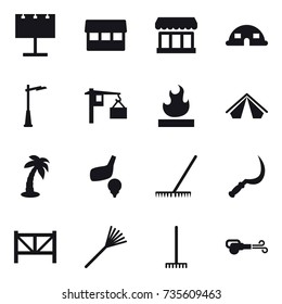 16 vector icon set : billboard, market, dome house, outdoor light, tent, palm, golf, rake, sickle, farm fence, blower