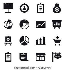16 vector icon set : billboard, target audience, clipboard, money bag, circle diagram, statistic, presentation, diagram, graph up, add to cart, shopping list, market, store signboard