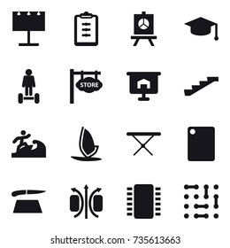 16 vector icon set : billboard, clipboard, presentation, graduate hat, hoverboard, store signboard, stairs, surfer, windsurfing, iron board, cutting board