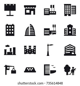 16 vector icon set : billboard, shop, store, houses, building, skyscraper, mall, city, palace, outdoor light, taxi, hotel, garden cleaning