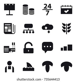 16 vector icon set : billboard, coin stack, 24/7, calendar, newspaper, structure, cloude service, mall, unlock, shark flipper, mushroom