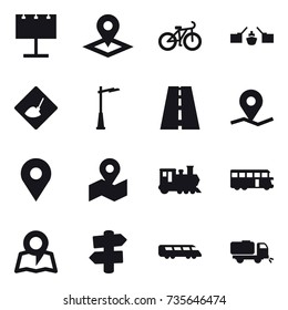 16 vector icon set : billboard, pointer, bike, drawbridge, under construction, outdoor light, train, bus, map, signpost, sweeper