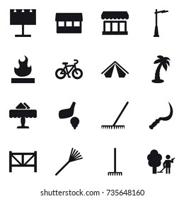16 vector icon set : billboard, market, outdoor light, bike, tent, palm, restaurant, golf, rake, sickle, farm fence, garden cleaning