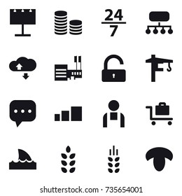 16 vector icon set : billboard, coin stack, 24/7, structure, cloude service, mall, unlock, tower crane, baggage trolley, shark flipper, spikelets, mushroom