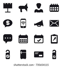 16 vector icon set : billboard, loudspeaker, woman, calendar, money message, phone wireless, mail, do not distrub, fridge