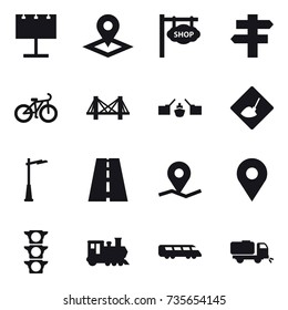 16 vector icon set : billboard, pointer, shop signboard, singlepost, bike, bridge, drawbridge, under construction, outdoor light, train, sweeper
