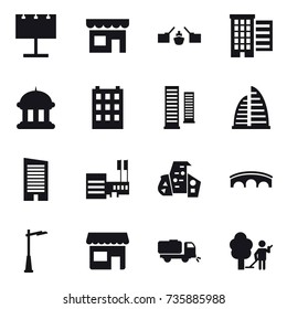 16 vector icon set : billboard, shop, drawbridge, houses, goverment house, building, skyscrapers, skyscraper, mall, modern architecture, bridge, outdoor light, sweeper, garden cleaning