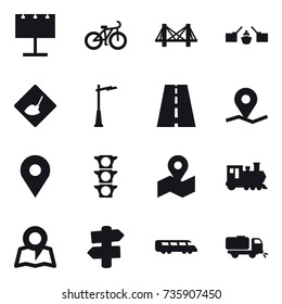16 vector icon set : billboard, bike, bridge, drawbridge, under construction, outdoor light, train, map, signpost, sweeper