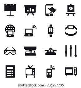 16 vector icon set : billboard, presentation, touch, notebook globe, notebook wireless, smartwatch, smart bracelet, smart glasses, market scales, scales, equalizer, calculator, tv