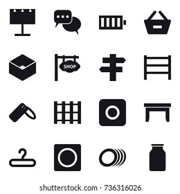 16 vector icon set : billboard, discussion, battery, remove from basket, box, shop signboard, singlepost, ring button, table, hanger