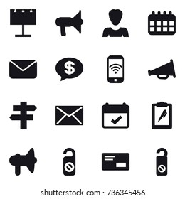 16 vector icon set : billboard, loudspeaker, woman, calendar, mail, money message, phone wireless, singlepost, do not distrub