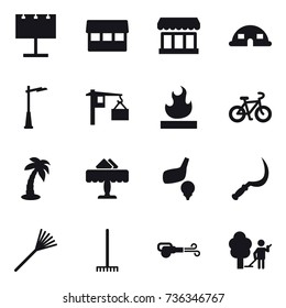 16 vector icon set : billboard, market, dome house, outdoor light, bike, palm, restaurant, golf, sickle, rake, blower, garden cleaning