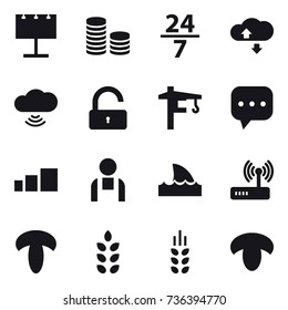16 vector icon set : billboard, coin stack, 24/7, cloude service, cloud wireless, unlock, tower crane, shark flipper, spikelets, mushroom