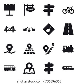 16 vector icon set : billboard, shop signboard, singlepost, bike, bridge, drawbridge, under construction, train, bus, map, signpost