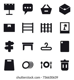 16 vector icon set : billboard, message, remove from basket, box, photo, signpost, table, hanger, cutting board, trash bin