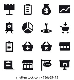 16 vector icon set : billboard, clipboard, money bag, statistic, presentation, diagram, target, add to cart, add to basket, delete cart, market, shopping list, store signboard