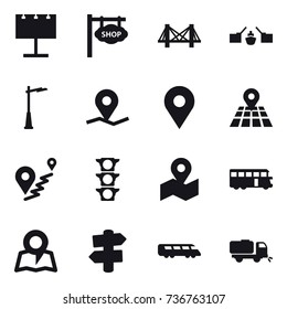 16 vector icon set : billboard, shop signboard, bridge, drawbridge, outdoor light, bus, map, signpost, sweeper