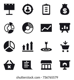 16 vector icon set : billboard, target audience, clipboard, money bag, circle diagram, statistic, presentation, diagram, graph up, target, add to cart, delete cart, shopping list, market