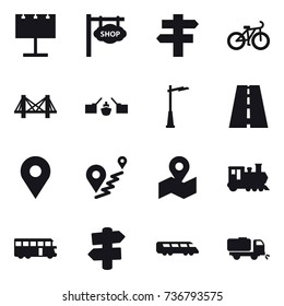 16 vector icon set : billboard, shop signboard, singlepost, bike, bridge, drawbridge, outdoor light, train, bus, signpost, sweeper