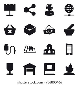16 vector icon set : billboard, share, call center, globe connect, delete cart, box, sale, project, mansion, skyscraper, garage, sprouting