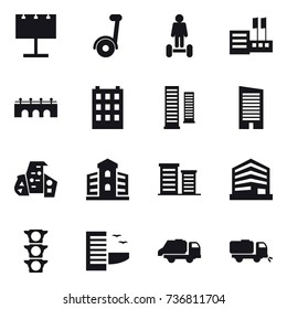 16 vector icon set : billboard, segway, hoverboard, store, bridge, building, skyscrapers, skyscraper, modern architecture, district, hotel, trash truck, sweeper