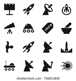 16 vector icon set : billboard, rocket, satellite antenna, telescope, lunar rover, sale label