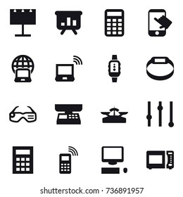 16 vector icon set : billboard, presentation, calculator, touch, notebook globe, notebook wireless, smartwatch, smart bracelet, smart glasses, market scales, scales, equalizer