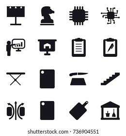 16 vector icon set : billboard, chess horse, chip, presentation, iron board, cutting board, stairs, utility room