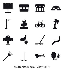 16 vector icon set : billboard, market, dome house, outdoor light, bike, palm, restaurant, golf, rake, sickle, blower, garden cleaning