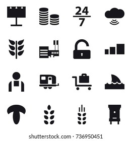 16 vector icon set : billboard, coin stack, 24/7, cloud wireless, mall, unlock, trailer, baggage trolley, shark flipper, spikelets, hive