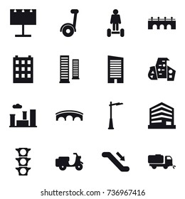 16 vector icon set : billboard, segway, hoverboard, bridge, building, skyscrapers, skyscraper, modern architecture, city, outdoor light, escalator, sweeper
