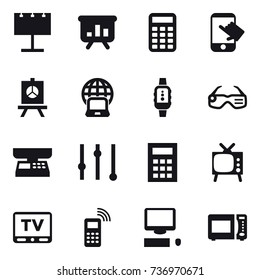 16 vector icon set : billboard, presentation, calculator, touch, notebook globe, smartwatch, smart glasses, market scales, equalizer, tv
