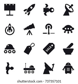 16 vector icon set : billboard, rocket, satellite, satellite antenna, telescope, laser, ufo, lunar rover, label, sale label