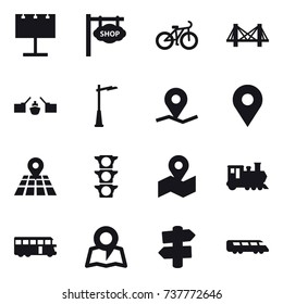16 vector icon set : billboard, shop signboard, bike, bridge, drawbridge, outdoor light, train, bus, map, signpost