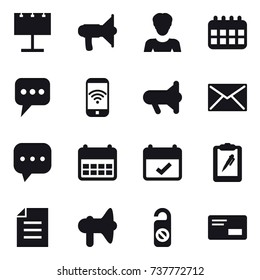 16 vector icon set : billboard, loudspeaker, woman, calendar, message, phone wireless, megafon, mail, do not distrub