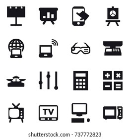16 vector icon set : billboard, presentation, touch, notebook globe, notebook wireless, smart glasses, market scales, scales, equalizer, calculator, tv