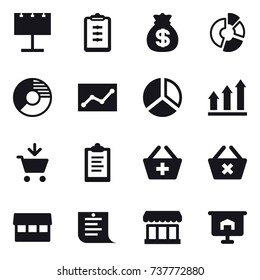16 vector icon set : billboard, clipboard, money bag, circle diagram, statistic, diagram, graph up, add to cart, add to basket, delete cart, market, shopping list, presentation