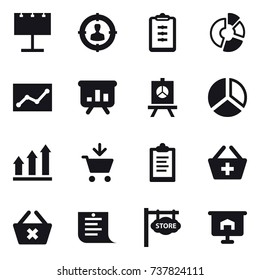 16 vector icon set : billboard, target audience, clipboard, circle diagram, statistic, presentation, diagram, graph up, add to cart, add to basket, delete cart, shopping list, store signboard