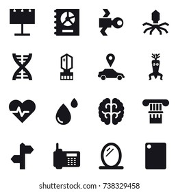 16 vector icon set : billboard, annual report, satellite, virus, dna, crystall  memory, car pointer, dna modify, column, mirror, cutting board