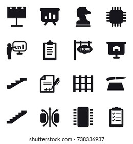 16 vector icon set : billboard, presentation, chess horse, chip, clipboard, store signboard, stairs, cutting board, clipboard list
