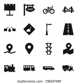 16 vector icon set : billboard, shop signboard, bike, bridge, drawbridge, under construction, outdoor light, train, bus, sweeper