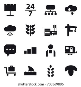16 vector icon set : billboard, 24/7, structure, cloude service, cloud wireless, mall, tower crane, trailer, baggage trolley, shark flipper, spikelets, mushroom
