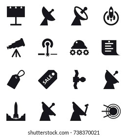 16 vector icon set : billboard, satellite antenna, rocket, telescope, laser, lunar rover, shopping list, label, sale label