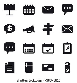 16 vector icon set : billboard, calendar, mail, message, money message, loudspeaker, singlepost, fridge, do not distrub