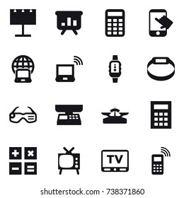 16 vector icon set : billboard, presentation, calculator, touch, notebook globe, notebook wireless, smartwatch, smart bracelet, smart glasses, market scales, scales, tv