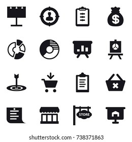 16 vector icon set : billboard, target audience, clipboard, money bag, circle diagram, presentation, target, add to cart, delete cart, shopping list, market, store signboard